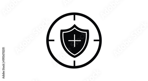 A stark black and white graphic depicts a shield centered within a circular targeting reticle conveying security