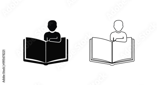 Two depictions of a person reading an open book one solid and one outlined
