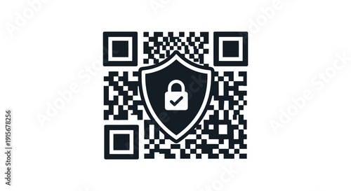 A black and white graphic depicts a qr code integrated with a shield and padlock symbol representing data security