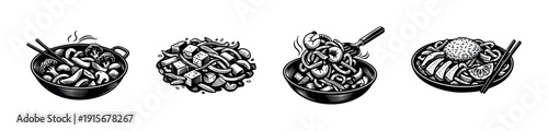 Asian cuisine flat vector icons set: noodles, udon, and ramen illustrations