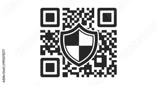 A black and white image displays a qr code encompassing a shield emblem representing digital security high quality