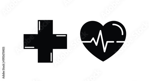 Black medical cross and heart with electrocardiogram line on white