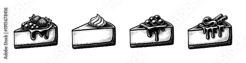 Dessert icons set: flat vector icons of cheesecake slices with sweet toppings collection