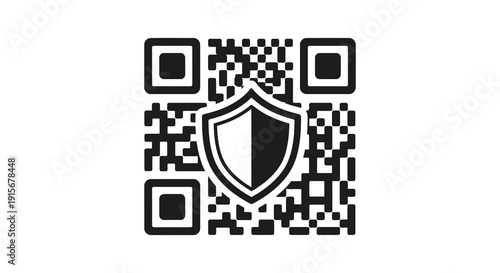 A black and white image displays two qr codes flanking a shield icon suggesting digital security high quality