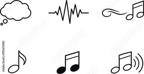 Line vector icons of a thought transforming into a musical note (mind-to-tone flow): soft thought bubble, energy pulse, morphing