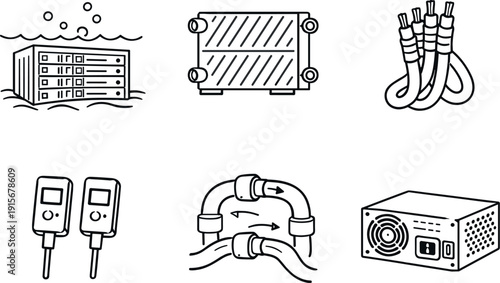 Line style icons of submerged server cooling: underwater server module, heat-exchange plates, insulated cables, temperature