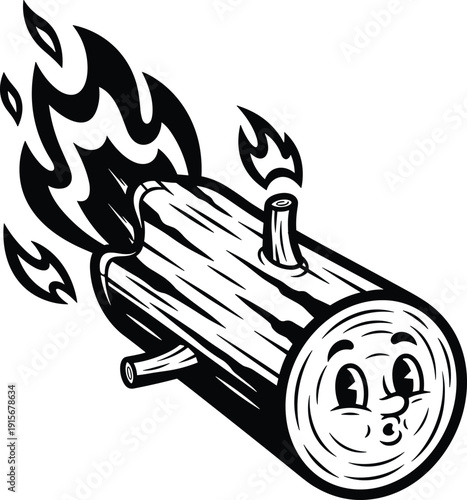 An animated log with a face caught in a burst of fiery flames while rolling away rapidly isolated on transparent background, Vector