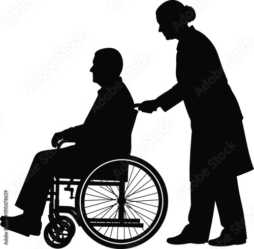 Nurse assisting elderly man in wheelchair, caregiving and healthcare concept, silhouette.