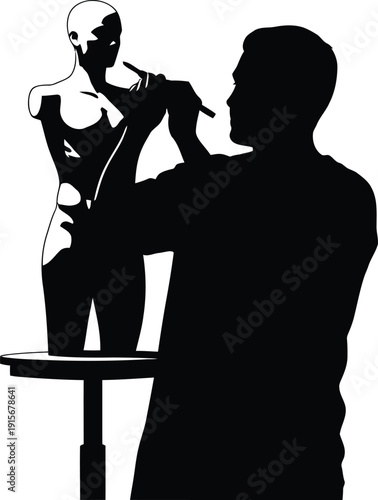 Sculptor working on a bust sculpture, artistic creation and craftsmanship, silhouette.