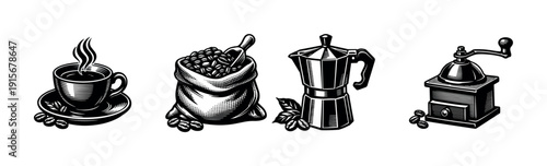 Coffee flat vector icons set: grinder, cup, bag, and pot illustrations for cafes