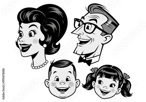 A vintage illustration depicts a smiling classic american family of four in black and white