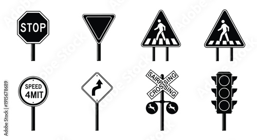Collection of common road and traffic signs on a white background