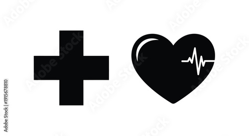 A medical cross and a heart with an electrocardiogram line inside
