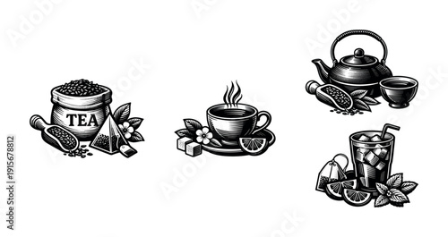 Flat vector icons set: tea and beverage essentials, black and white illustrations, drink elements
