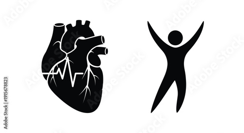 Anatomical heart illustration paired with a silhouette of a celebratory figure