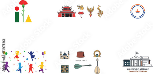 International cultural symbols and flags from various countries and celebrations