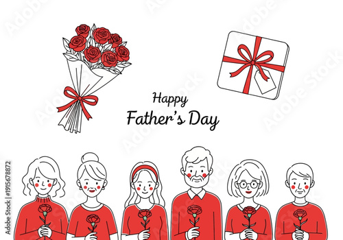 A hand drawn illustration depicts a father s day celebration with flowers gifts and family high quality professional
