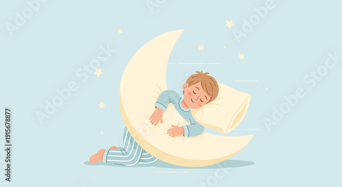 Child Sleeping Peacefully On A Crescent Moon Amongst Stars