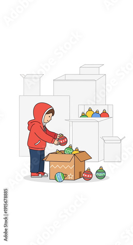Child Sorting Christmas Ornaments Preparing Holiday Decorations Festive Season Preparations