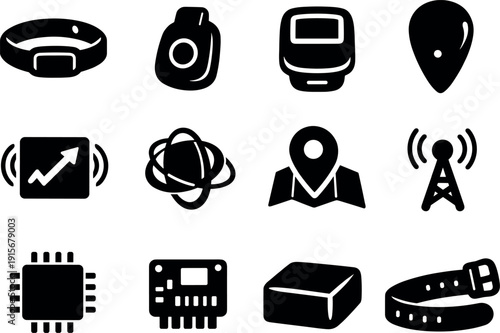 Solid vector icons of activity tracking devices: fitnessband, cliptracker, pedometer, sensor, accelerometer, gyroscope, gps,