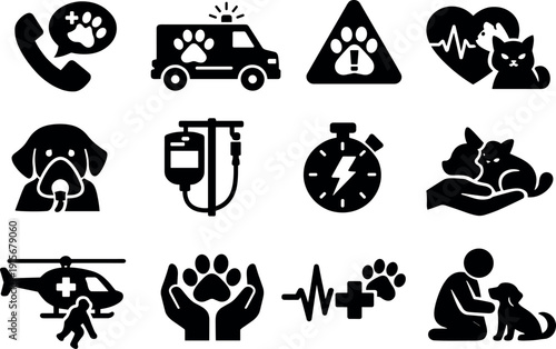 Solid vector icons of emergency pet health: emergencycall, ambulance, warning, criticalcare, oxygenmask, ivdrip, urgency,