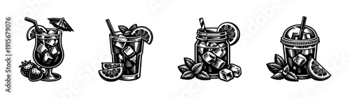 Flat vector icons set: refreshing drinks, beverages, and summer cocktails collection