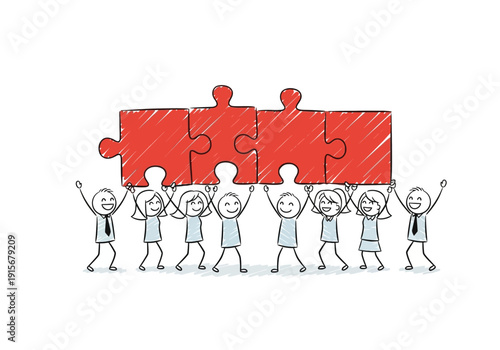 Stick figures collaboratively lifting and completing a red puzzle symbolizing teamwork and success high quality professional