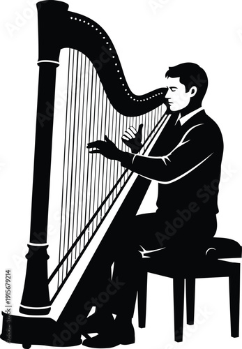 Musician playing harp in a formal suit, seated elegance, classical music performance.