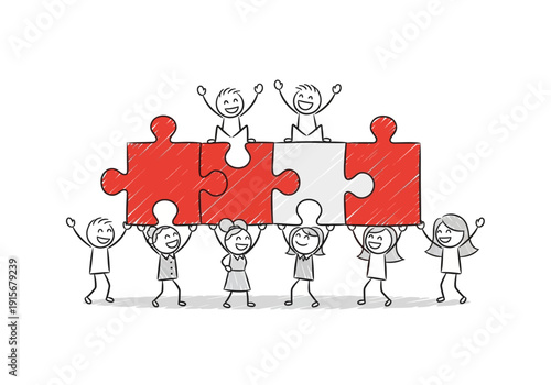 Stick figures collaborate to lift and connect large red puzzle pieces symbolizing teamwork high quality professional