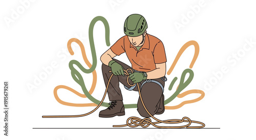 Climber Practicing Rope Knots With Abstract Background Elements