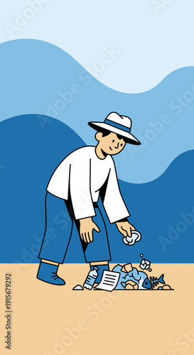 Coastal Cleanup Effort Person Picking Up Beach Litter With Ocean Background