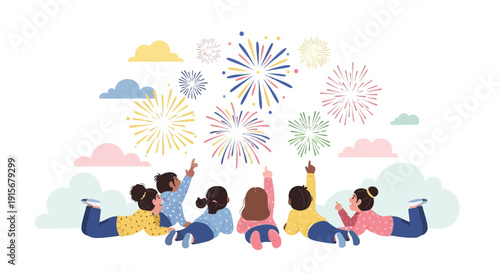 Children Gazing Upwards At A Colorful Fireworks Display Above Them