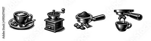 Coffee flat vector icons set. espresso and brewing symbols. grinder and beans graphics