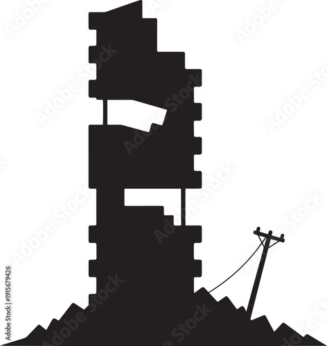 Broken skyscraper silhouette with rubble and power line in post apocalyptic urban setting
