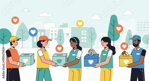 Community Giving And Charity: People Collecting Donations For Good Causes And Helping