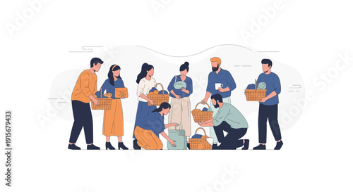 Community Gathering With Woven Baskets Full Of Goods