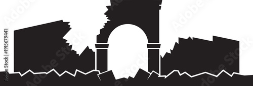 Broken stone archway silhouette amid ruined buildings and scattered debris in wide view