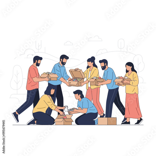 Community Giving: Volunteers Distributing Food Packages and Serving the Needy with Compassion