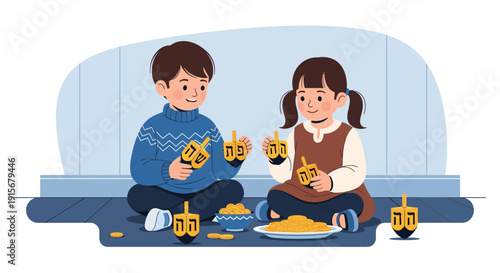 Children Playing With Dreidels During Hanukkah Celebration