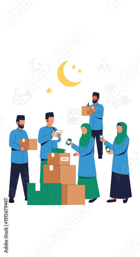 Community Members Organizing Donations and Supplies for Charitable Purposes Under Lunar Illumination