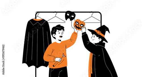 Children Preparing For Halloween Costume Party Fun With Festive Decorations And Outfits