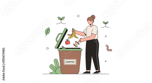 Composting Illustration Of A Woman Disposing Of Fruit Scraps Into A Compost Bin