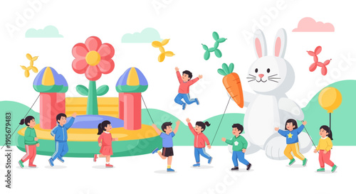 Childrens Joyful Outdoor Celebration With Fun Inflatables And A Giant Rabbit