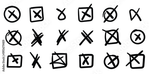 Hand drawn X mark icon collection in abstract scribble style with bold irregular strokes. Expressive cross symbols for UI, warning sign, sticker, branding element, and editable vector design use.
