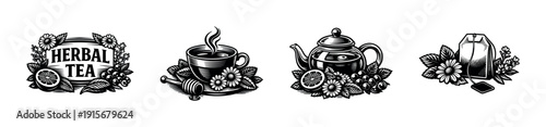 Herbal tea flat vector icons set with teapot, cup, and floral elements