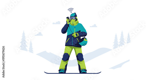Connected Snowboarder Holding Phone In Snowy Landscape With Wifi Symbol