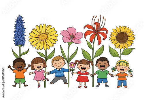 A diverse group of children holding hands alongside colorful flowers in a cartoon illustration high quality