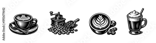 Coffee flat vector icons set: espresso, latte, cappuccino, cafe drink illustrations