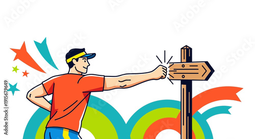 Choosing The Right Path: A Man Directing Towards A Wooden Sign, Bright Colors