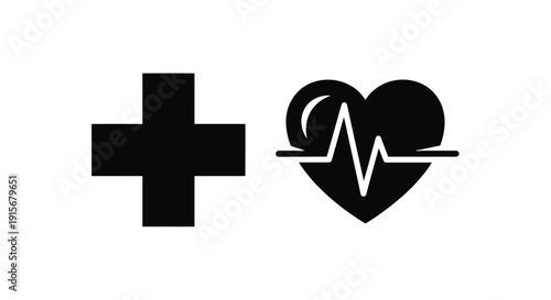 Medical symbols depicting a plus sign and heart with electrocardiogram line